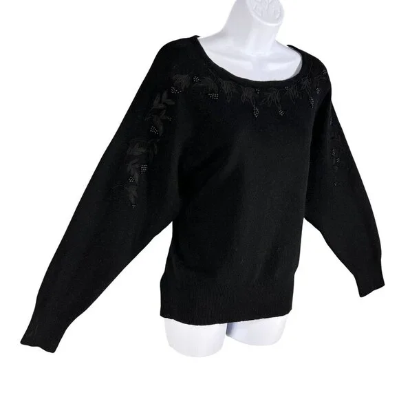 Robert Scott Women L Black Embroidered Beaded Lambswool Angora Sweater Fairygoth - Picture 2 of 16